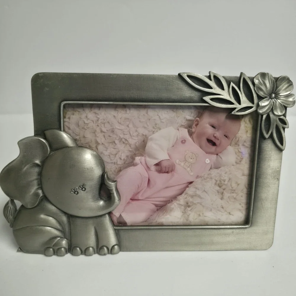 Vintage Fetco Metal Baby Picture Frame 4x6 Elephant Flower Silver Pewter Finish